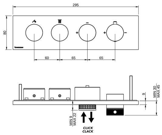 Rubinetterie Treemme 3M W-Touch RWIT 1B86 IS 01 + RWIT 1B86 ZZ 30 Miscelatore Doccia Termostatico Incasso 2 Uscite Parete 4 Fori Stile Moderno Con Piastra Materiale Acciaio Finitura Inox Spazzolato Opaco Parte Interna Esterna Incluse
