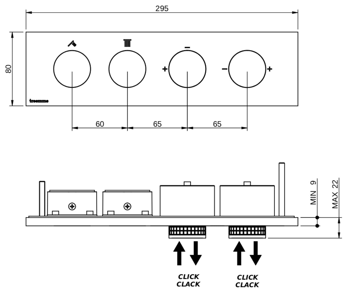 Rubinetterie Treemme 3M W-Touch RWIT 1B89 CC 01 + RWIT 1B89 ZZ 30 Miscelatore Doccia Meccanico Incasso 2 Uscite Parete 4 Fori Sistema Premi e Regola Parte Interna Esterna Incluse Stile Moderno Con Piastra Materiale Ottone Finitura Cromata