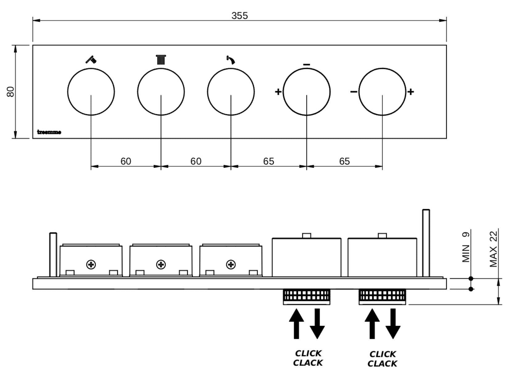 Rubinetterie Treemme 3M W-Touch RWIT 1B90 CC 01 + RWIT 1B90 ZZ 30 Miscelatore Doccia Meccanico Incasso 3 Uscite Parete 5 Fori Manopole Sistema Premi e Regola Parte Interna Esterna Incluse Stile Moderno Con Piastra Materiale Ottone Finitura Cromata