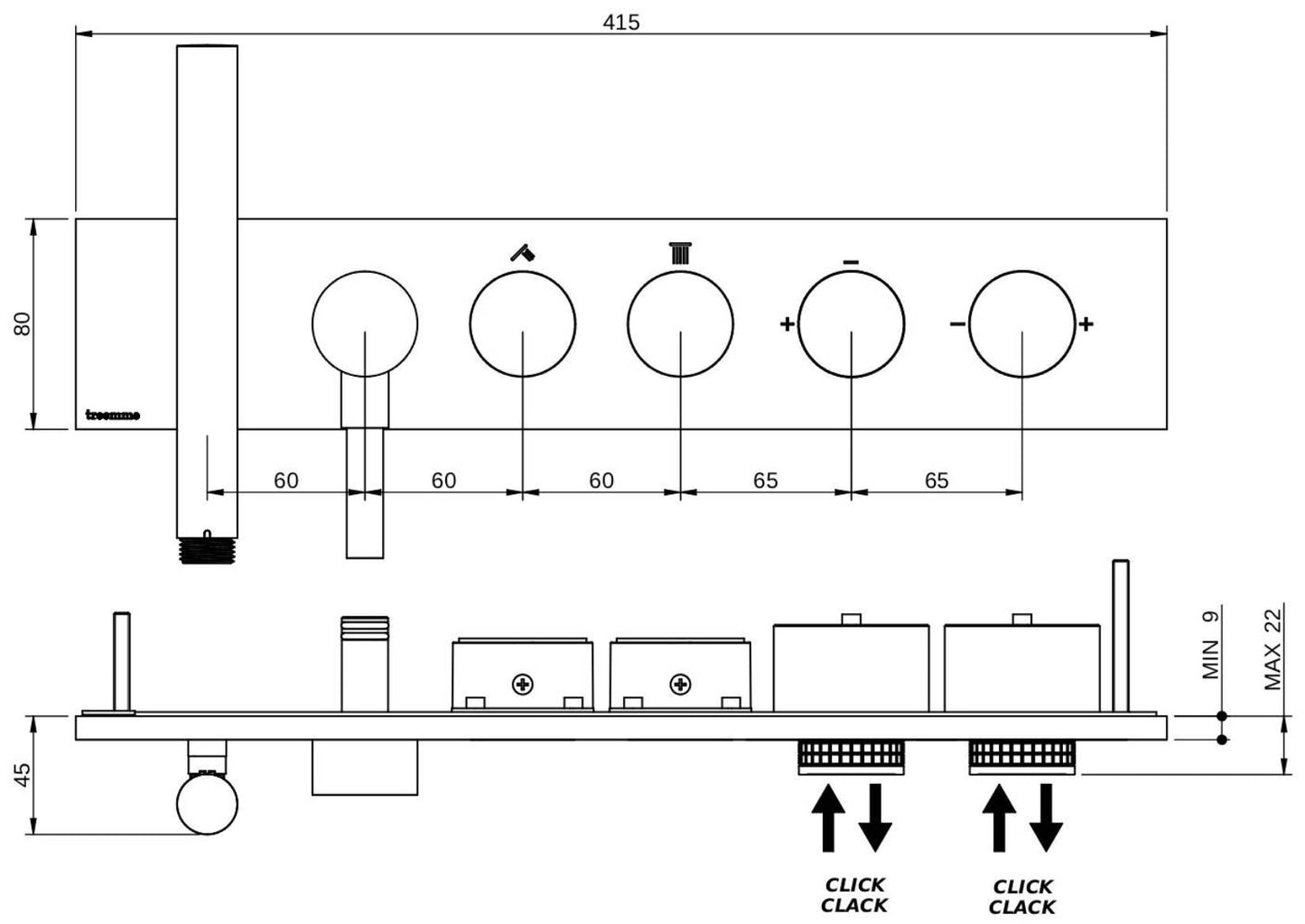 Rubinetterie Treemme 3M W-Touch RWIT 1B91 CC 01 + RWIT 1B91 ZZ 30 Miscelatore Doccia Meccanico Incasso 2 Uscite Parete 6 Fori Sistema Premi e Regola Con Doccetta e Piastra Stile Moderno Parte Interna Esterna Incluse Materiale Ottone Finitura Cromata
