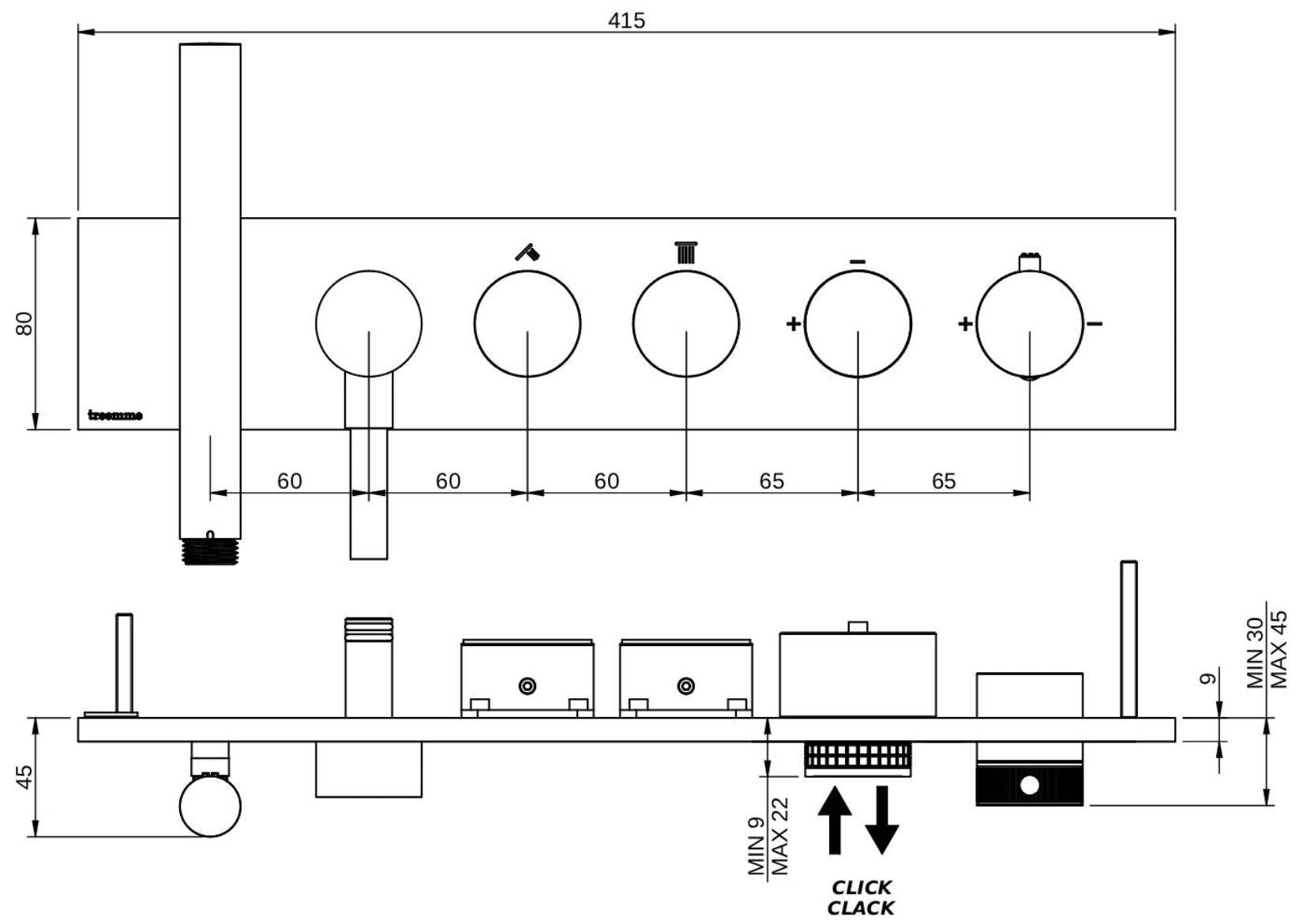 Rubinetterie Treemme 3M W-Touch RWIT 1B92 IS 01 + RWIT 1B92 ZZ 30 Miscelatore Doccia Termostatico Incasso 2 Uscite Parete 6 Fori 4 Manopole Stile Moderno Piastra Acciaio Inox Spazzolato Opaco Doccetta Metallo Flessibile PVC Parte Interna Esterna Incluse