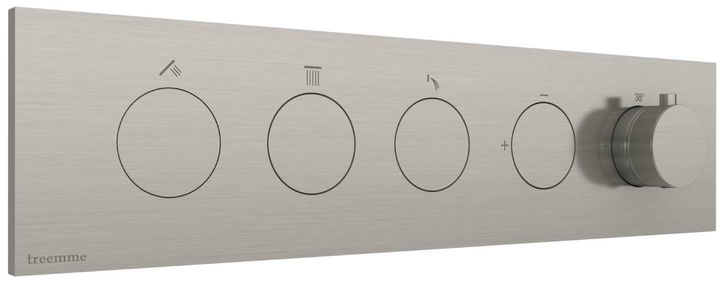 Rubinetterie Treemme 3M W-Touch RWIT 1B94 IS 01 + RWIT 1B94 ZZ 30 Miscelatore Doccia Termostatico Incasso 3 Uscite Parete 5 Fori 5 Manopole Stile Moderno Con Piastra Materiale Acciaio Finitura Inox Spazzolato Opaco Parte Interna Esterna Incluse