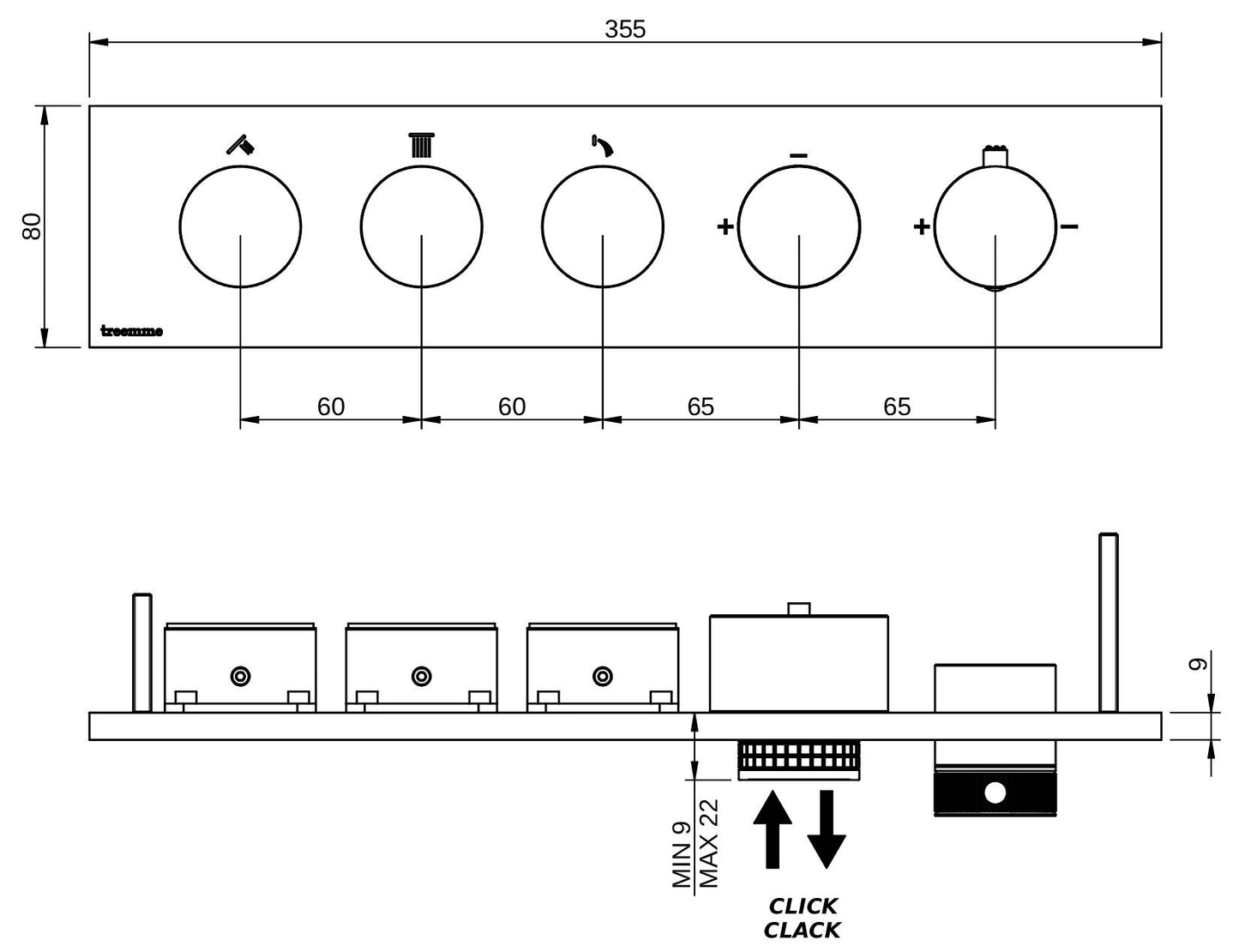 Rubinetterie Treemme 3M W-Touch RWIT 1B94 IS 01 + RWIT 1B94 ZZ 30 Miscelatore Doccia Termostatico Incasso 3 Uscite Parete 5 Fori 5 Manopole Stile Moderno Con Piastra Materiale Acciaio Finitura Inox Spazzolato Opaco Parte Interna Esterna Incluse