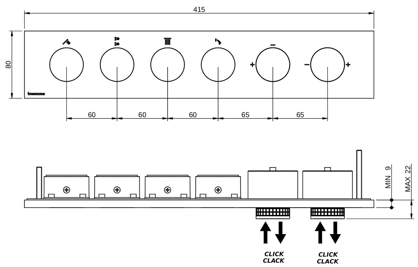 Rubinetterie Treemme 3M W-Touch RWIT 1BE4 CC 01 + RWIT 1BE4 ZZ 30 Miscelatore Doccia Meccanico Incasso 4 Uscite Parete 6 Fori Manopole Sistema Premi e Regola Parte Interna Esterna Incluse Stile Moderno Con Piastra Materiale Ottone Finitura Cromata