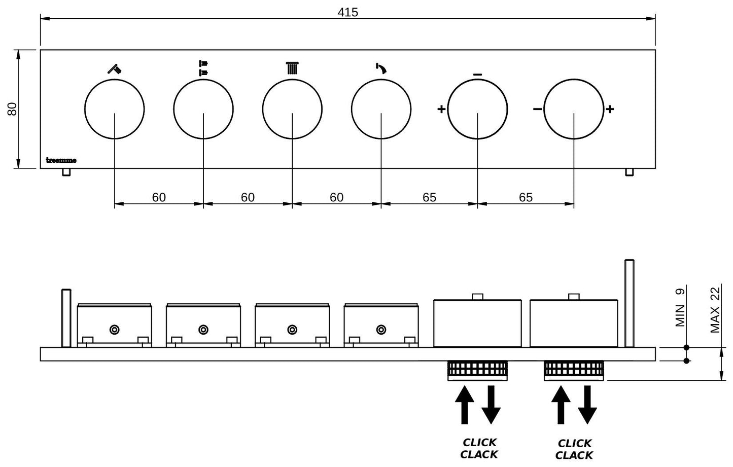 Rubinetterie Treemme 3M W-Touch RWIT 1BE4 IS 01 + RWIT 1BE4 ZZ 30 Miscelatore Doccia Meccanico Monocomando Incasso 4 Uscite Parete 6 Fori 6 Manopole Stile Moderno Con Piastra Materiale Acciaio Finitura Inox Spazzolato Opaco Parte Interna Esterna Incluse