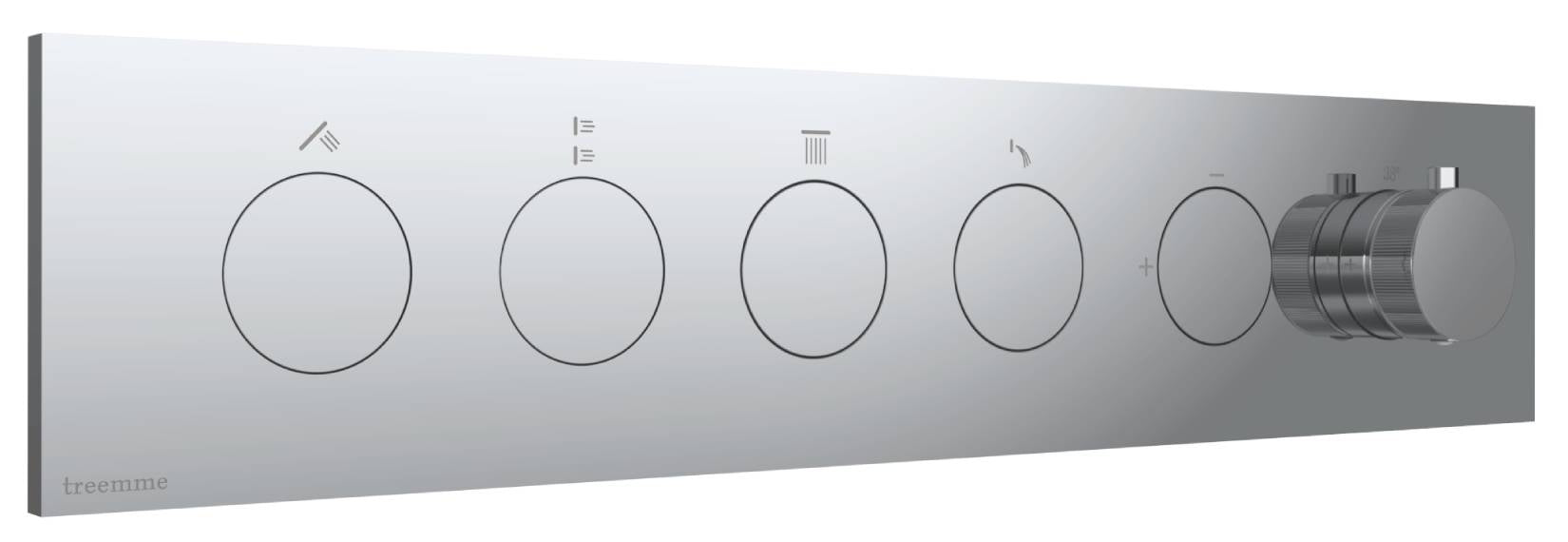 Rubinetterie Treemme 3M W-Touch RWIT 1BF4 CC 01 + RWIT 1BF4 ZZ 30 Miscelatore Doccia Termostatico Incasso 4 Uscite Parete 6 Fori Manopole Sistema Premi e Regola Parte Interna Esterna Incluse Stile Moderno Con Piastra Materiale Ottone Finitura Cromata