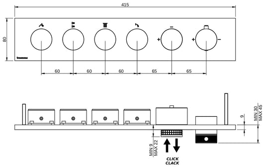 Rubinetterie Treemme 3M W-Touch RWIT 1BF4 IS 01 + RWIT 1BF4 ZZ 30 Miscelatore Doccia Termostatico Incasso 4 Uscite Parete 6 Fori 6 Manopole Stile Moderno Con Piastra Materiale Acciaio Finitura Inox Spazzolato Opaco Parte Interna Esterna Incluse