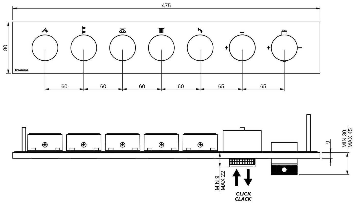 Rubinetterie Treemme 3M W-Touch RWIT 1BF5 CC 01 + RWIT 1BF5 ZZ 30 Miscelatore Doccia Termostatico Incasso 5 Uscite Parete 7 Fori Manopole Sistema Premi e Regola Parte Interna Esterna Incluse Stile Moderno Con Piastra Materiale Ottone Finitura Cromata