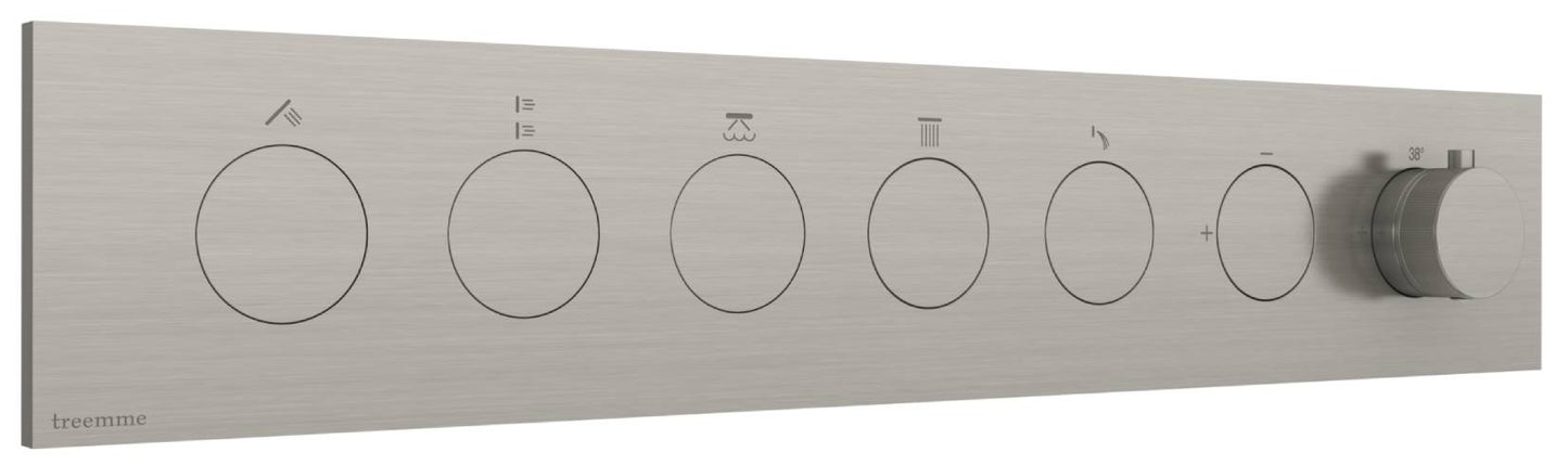 Rubinetterie Treemme 3M W-Touch RWIT 1BF5 IS 01 + RWIT 1BF5 ZZ 30 Miscelatore Doccia Termostatico Incasso 5 Uscite Parete 7 Fori 7 Manopole Stile Moderno Con Piastra Materiale Acciaio Finitura Inox Spazzolato Opaco Parte Interna Esterna Incluse