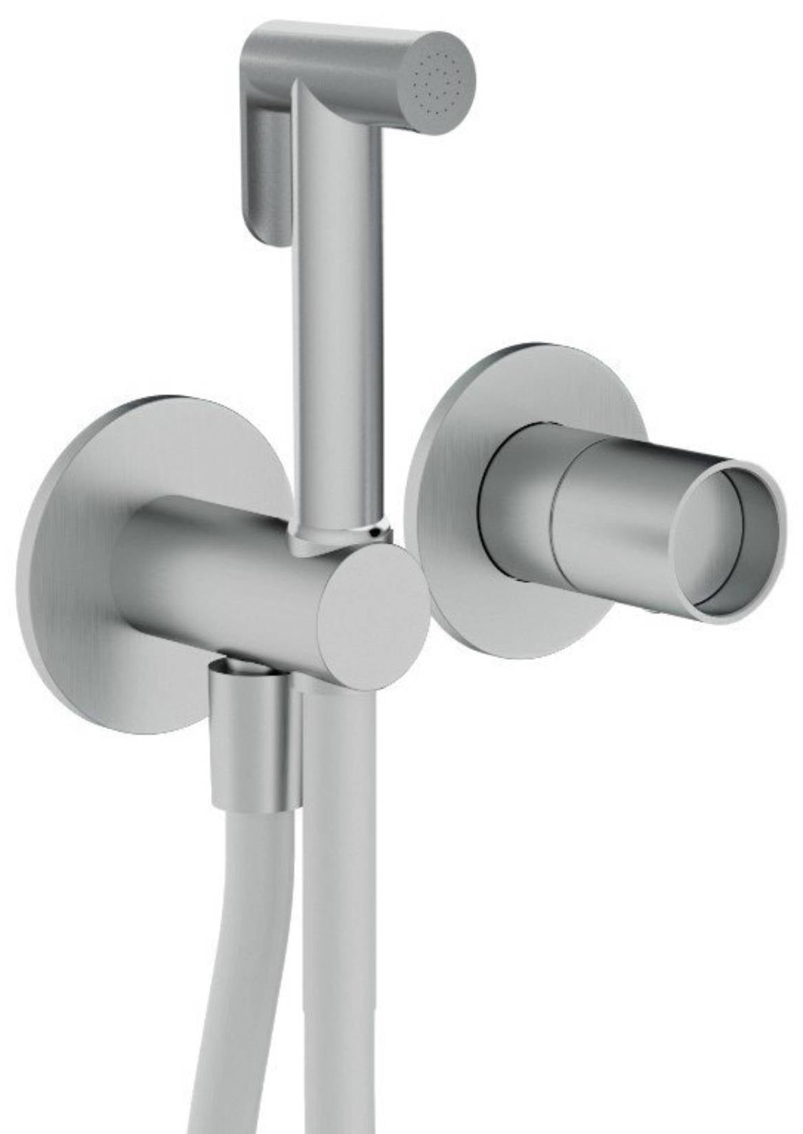 Rubinetterie Treemme 3M WaterTube RWIT 4AD4 IS 30 + RWIT 51A5 ZZ 01 Miscelatore Incasso Idroscopino Per WC Con Doccetta Tonda Flessibile in PVC 1 Metro 2 Fori 1 Manopola Parte Interna e Esterna Incluse Acciaio Inox Spazzolato Opaco