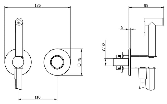 Rubinetterie Treemme 3M WaterTube RWIT 4AD4 IS 30 + RWIT 51A5 ZZ 01 Miscelatore Incasso Idroscopino Per WC Con Doccetta Tonda Flessibile in PVC 1 Metro 2 Fori 1 Manopola Parte Interna e Esterna Incluse Acciaio Inox Spazzolato Opaco