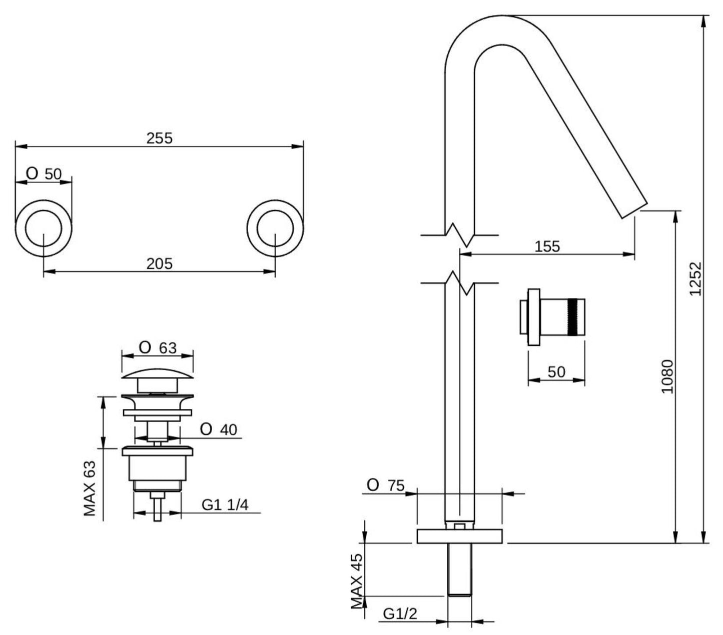 Rubinetterie Treemme X-CHANGE RWIT 7282 CC 50 + RWIT 3A60 ZZ 02 Batteria Miscelatore Lavabo Con Piletta Di Scarico Click - Clack Bocca A Pavimento Comandi A Muro Materiale Ottone Finitura Cromata