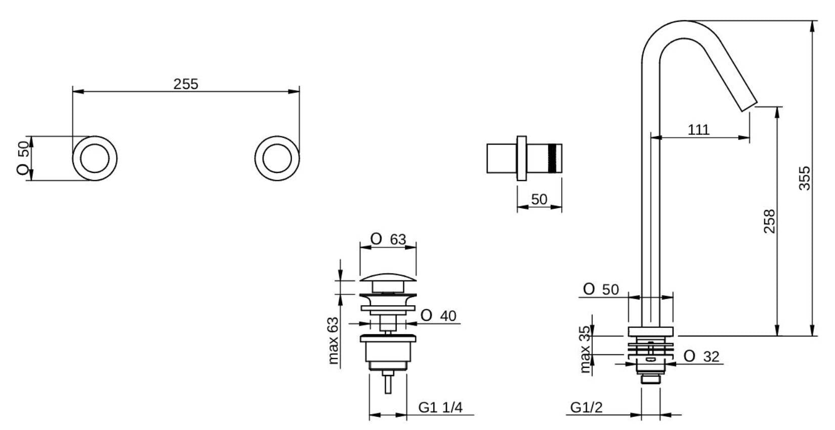 Rubinetterie Treemme X-CHANGE RWIT 7285 CC 50 + RWIT 3A60 ZZ 02 Batteria Miscelatore Lavabo Con Piletta Di Scarico Click - Clack Bocca Ad Appoggio Comandi A Muro Materiale Ottone Finitura Cromata