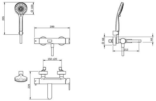Rubinetterie Treemme 3M Contract Xero+ IT 7C00 CC XE ZZ Miscelatore Monocomando Esterno Vasca a Muro Miscelazione Meccanica 3 Fori Ottone Cromato Stile Moderno Gancio ABS Doccetta ABS Flessibile PVC