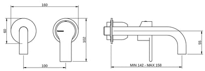 Rubinetterie Treemme 3M Contract Xero+ RWIT 7C75 CC 01 + RWIT 7C51 ZZ 04 Miscelatore Lavabo Incasso Muro 158 mm 2 Fori 1 Manopola Miscelazione Meccanica Senza Piastra Stile Moderno Profondità 158 mm Parte Interna Esterna Incluse Ottone Cromata