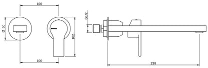 Rubinetterie Treemme 3M Contract Xero+ RWIT 7C76 CC 02 + RWIT 7C51 ZZ 04 Miscelatore Lavabo Incasso Muro 238 mm 2 Fori 1 Manopola Miscelazione Meccanica Senza Piastra Stile Moderno Profondità 238 mm Parte Interna Esterna Incluse Ottone Cromata