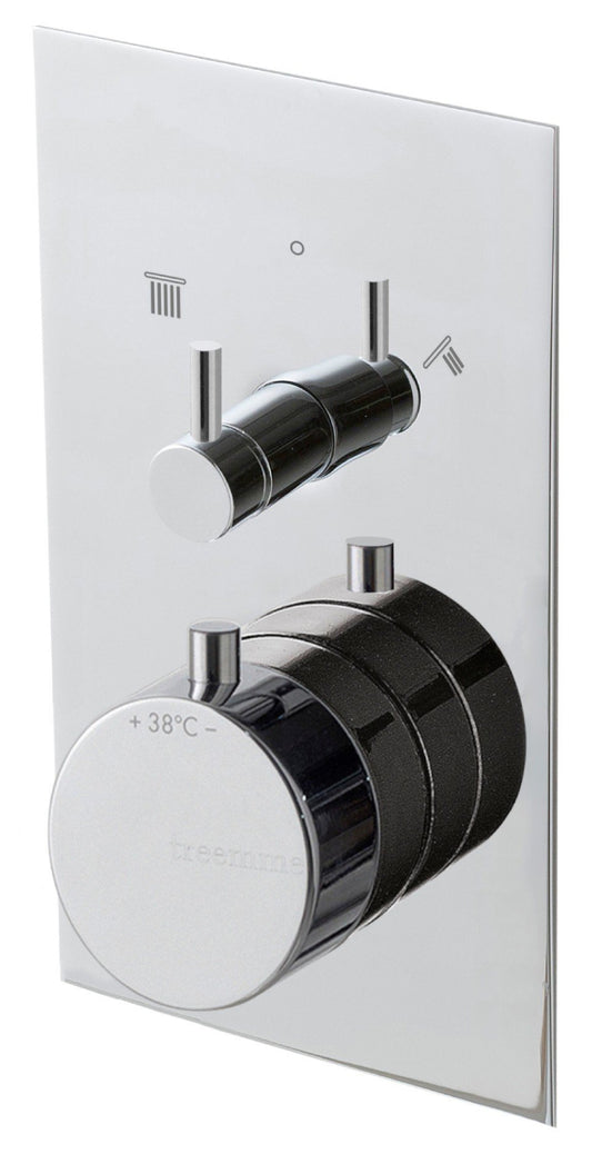 Rubinetterie Treemme 3M Contract Zip RWIT 7C46 CC 01 + RWIT 7C46 ZZ 2V Miscelatore Doccia Incasso Parete Deviatore Due Uscite Rotativo Miscelazione Termostatica 2 Fori Manopole Parte Interna Esterna Incluse Stile Moderno Con Piastra Ottone Cromato