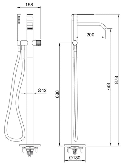 Rubinetterie Treemme 3M Ios RWIT 2A03 CC 50 + RWIT 4A62 ZZ 50 Miscelatore Vasca Da Terra a Pavimento Monocomando Meccanico Parte Interna Esterna Inclusa Monoforo Con Piastra Ottone Cromata 1 Leva Stile Moderno Doccetta Metallo Flessibile PVC