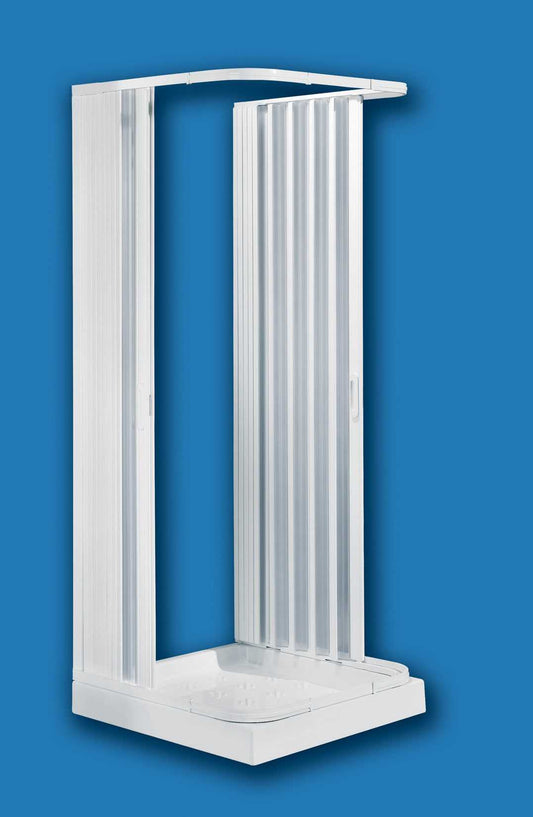 Negrari Hobby Box Cabina Doccia Riducibile Tre 3 Lati 80x90x80 H184 cm Asimmetrico Muro Parete Apertura Centrale Bianco Profili PVC Ante Scorrevoli Soffietto Tagliabile Accorciabile Arredo Bagno Economica Pannelli Infrangibili Antisfondamento Viti Acciaio