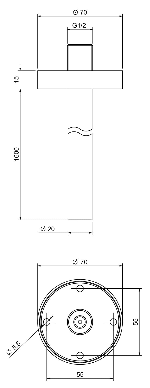 Rubinetterie Treemme 3M 22mm IT 6576 IS ZZ ZZ Bocca a Soffitto Con Rosone Getto Erogazione Uscita Acqua Materiale Acciaio Finitura Inox Spazzolato Opaco Forma Tonda Stile Moderno Monoforo Lunghezza 1600 mm Portata Acqua 5 Litri Al Minuto