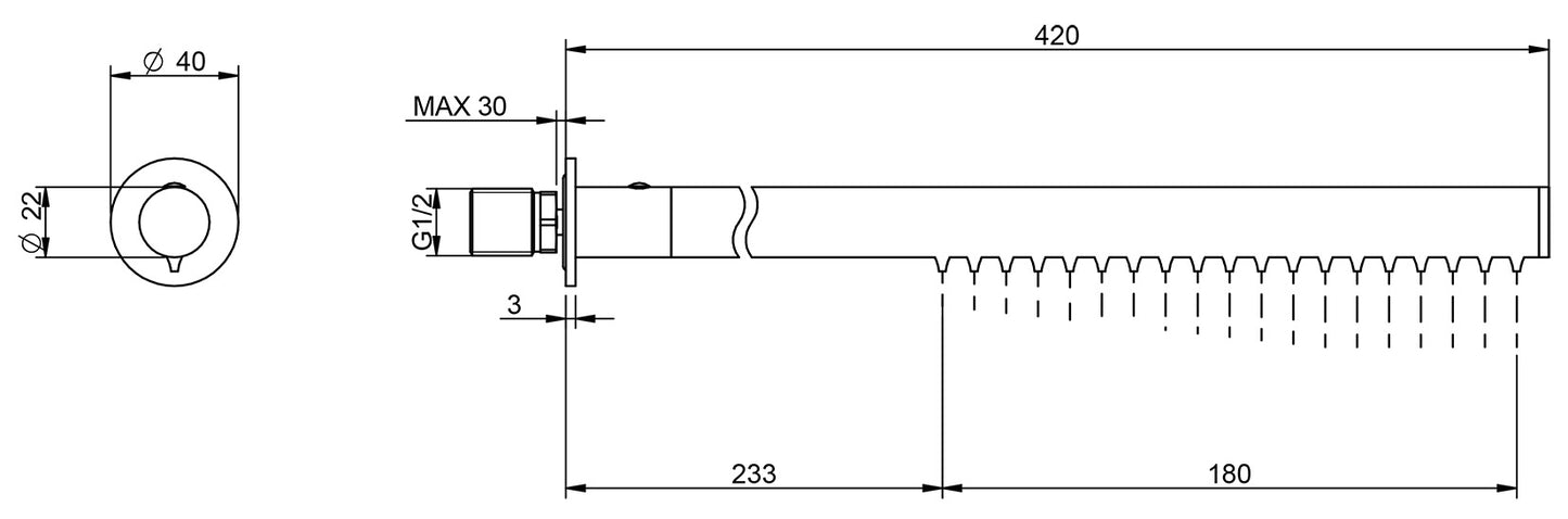 Rubinetterie Treemme 3M 22mm IT 6597 IS ZZ ZZ 4 Soffioni Doccia A Parete Tubolare Cilindrico Rotondo Lunghezza 420 480 mm Getto a Pioggia Stile Moderno Materiale Acciaio Finitura Inox Spazzolato Opaco Collettore Parte Interna Incasso Muro Inclusa