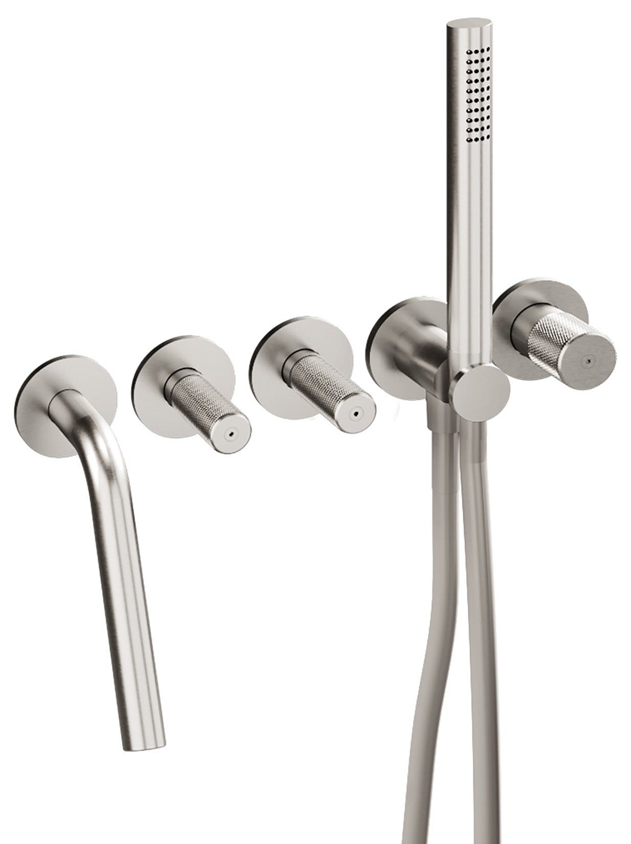 Rubinetterie Treemme 3M 22MM RWIT 6005 IS 51 + RWIT 6005 IS 50 Miscelatore Vasca / Doccia Installazione Incasso Parete 2 Leve 5 Fori Doccetta Stile Moderno Materiale Acciaio Finitura Spazzolato Opaco Inox Parte Interna Esterna Incluse