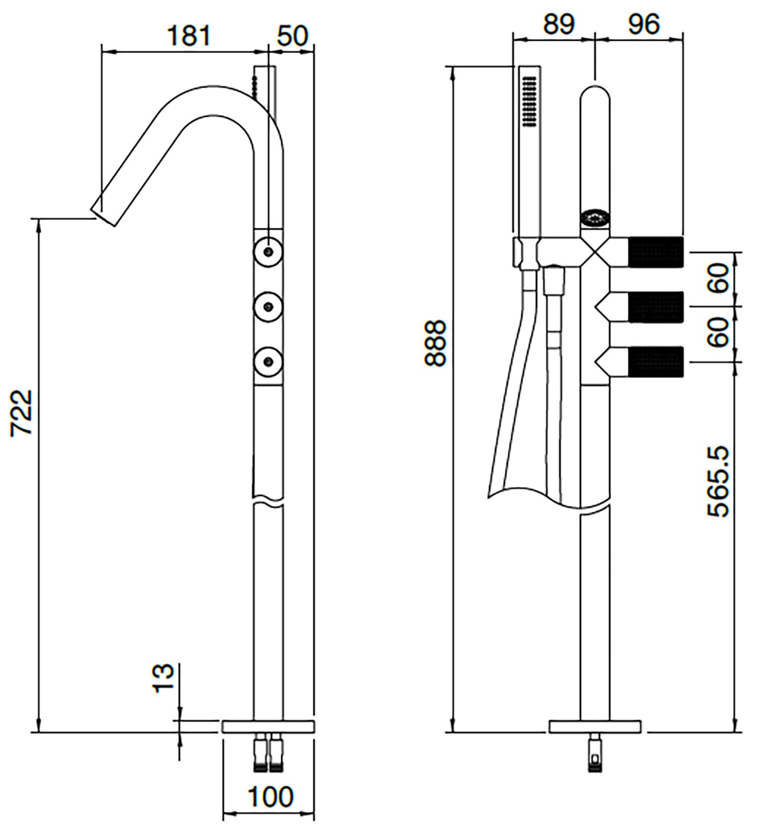 Rubinetterie Treemme 3M 22MM RWIT 6084 IS 01 + RWIT 1314 ZZ 02 Miscelatore Vasca Installazione Pavimento Da Terra Monoforo Con Piastra E Doccetta 2 Manopole Stile Moderno Acciaio Spazzolato Opaco Inox Parte Interna Esterna Incluse