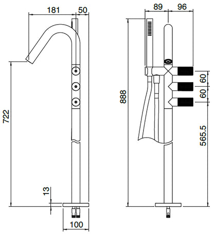 Rubinetterie Treemme 3M 22MM RWIT 6084 IS 01 + RWIT 1314 ZZ 02 Miscelatore Vasca Installazione Pavimento Da Terra Monoforo Con Piastra E Doccetta 2 Manopole Stile Moderno Acciaio Spazzolato Opaco Inox Parte Interna Esterna Incluse