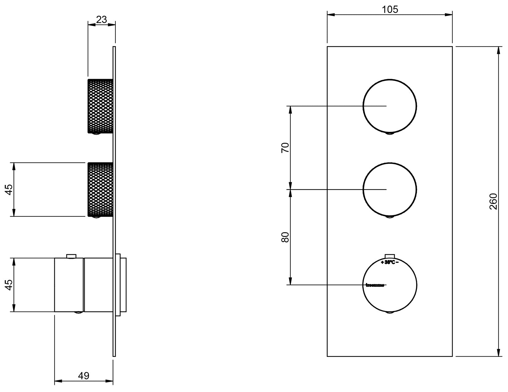 Rubinetterie Treemme 3M 22MM RWIT 6086 IS 35 + RWIT 7286 ZZ 30 Miscelatore Monocomando Termostatico Doccia Incasso A Parete Con Piastra 2 Uscite Tre Fori Una Manopola Stile Moderno Acciaio Spazzolato Opaco Inox Parte Interna Esterna Incluse
