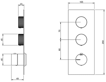 Rubinetterie Treemme 3M 22MM RWIT 6086 IS 35 + RWIT 7286 ZZ 30 Miscelatore Monocomando Termostatico Doccia Incasso A Parete Con Piastra 2 Uscite Tre Fori Una Manopola Stile Moderno Acciaio Spazzolato Opaco Inox Parte Interna Esterna Incluse