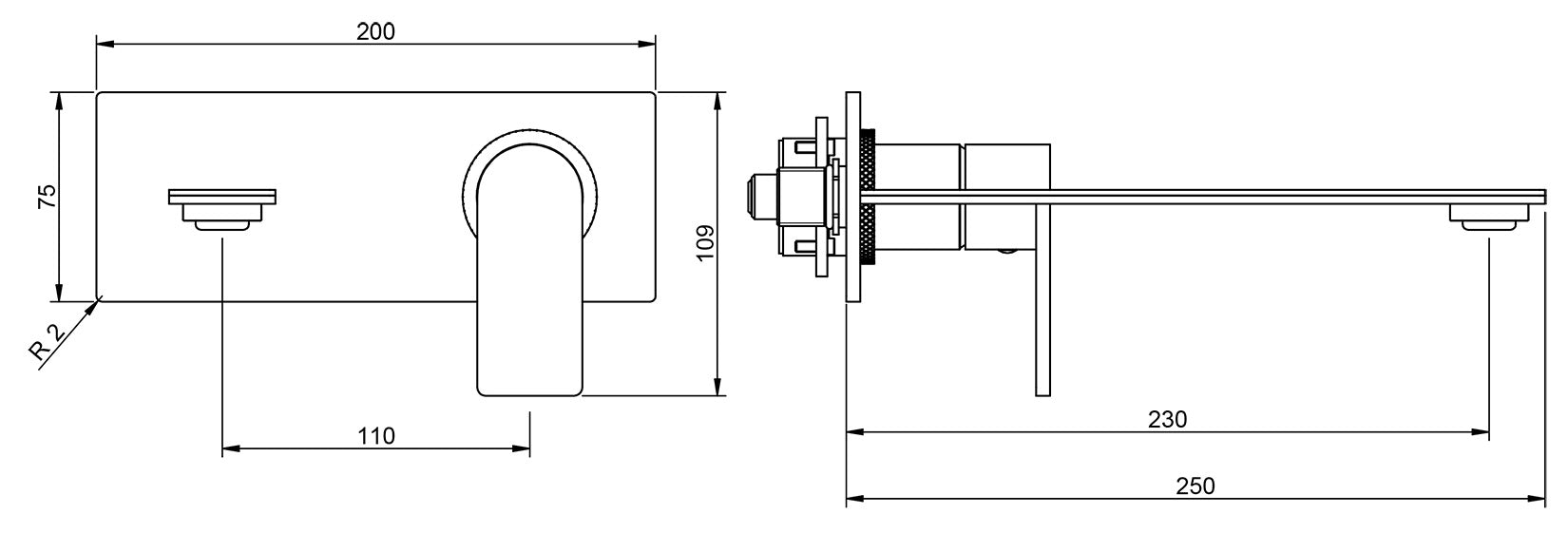 Rubinetterie Treemme 3M 3.6 RWIT 9AA6 IS 02 + RWIT 51A5 ZZ 01 Miscelatore Monocomando Lavabo Incasso 230 a Parete 1 Leva 2 Fori Meccanico Moderno Piastra Lunghezza 250 mm Staffa Cartongesso Acciaio Inox Spazzolato Opaco Parte Interna Esterna Incluse