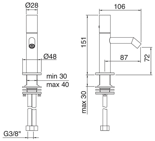 Rubinetterie Treemme 3M 28mm IT 3B22 IS GD ZZ Miscelatore Monocomando Bidet Monoforo Appoggio 1 Manopola Liscia Stile Moderno Forma Tonda Miscelazione Meccanica Altezza 151 mm Lunghezza 106 mm Materiale Acciaio Finitura Inox Spazzolato Opaco