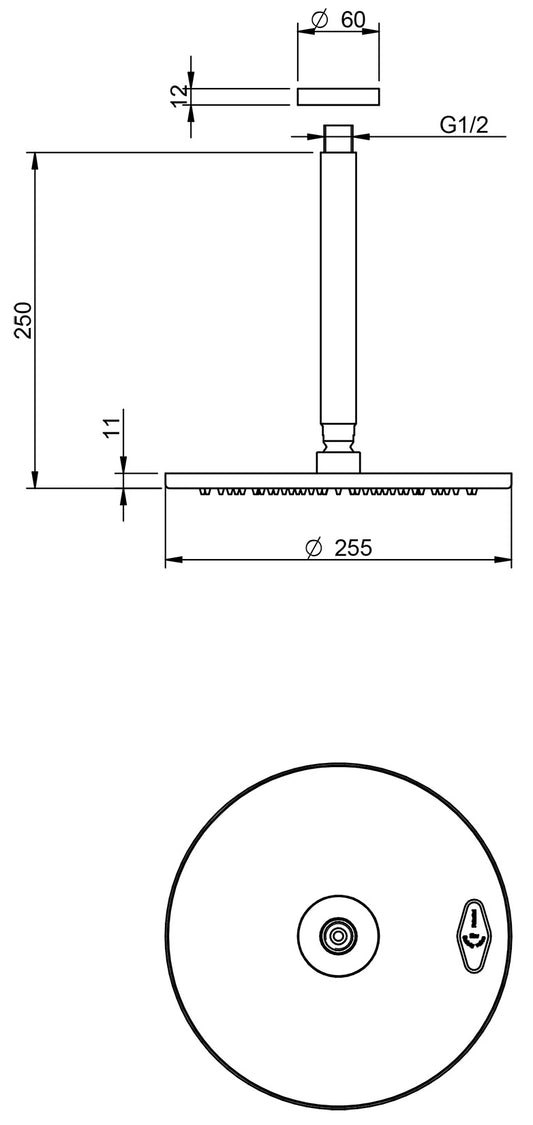 Rubinetterie Treemme 3M 28mm IT 6598 IS ZZ VS Soffione Doccia Pioggia A Soffitto Tondo In Metallo Diametro Ø 255 mm Anticalcare Con Braccio Doccia 250 mm Stile Moderno Acciaio Finitura Inox Spazzolato Opaco