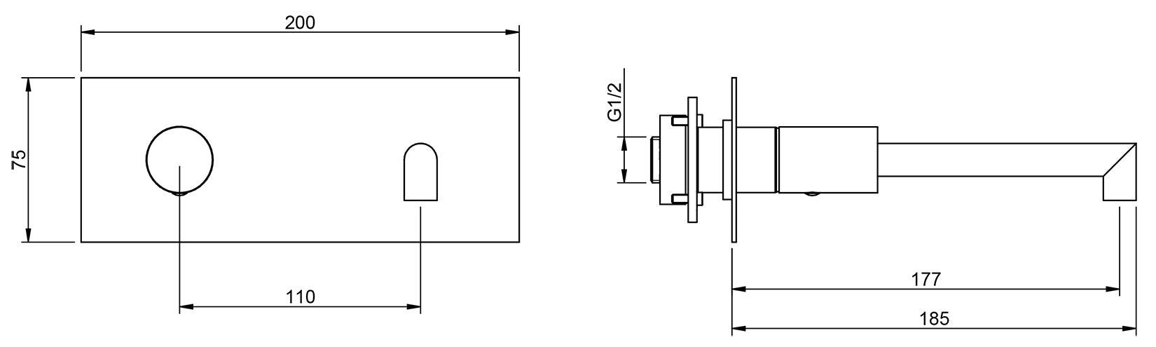 Rubinetterie Treemme 3M 28mm RWIT 3BA7 IS 01 + RWIT 51A5 ZZ 01 Miscelatore Lavabo Incasso 177 Muro 1 Manopola Liscia Sinistra 2 Fori Meccanico Moderno Lunghezza 185 mm Piastra Staffa Cartongesso Acciaio Inox Spazzolato Opaco Parte Interna Esterna Incluse