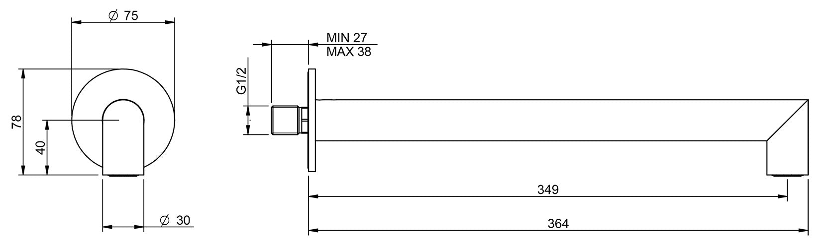 Rubinetterie Treemme 3M 28mm RWIT 3B47 IS 01 Soffione Doccia Parete Forma Tonda Canna a "L" Funzione Uscita Acqua Pioggia Diametro Ø 38 mm Lunghezza 364 mm Stile Moderno Acciaio Finitura Inox Spazzolato Opaco Portata 9 Litri Al Minuto