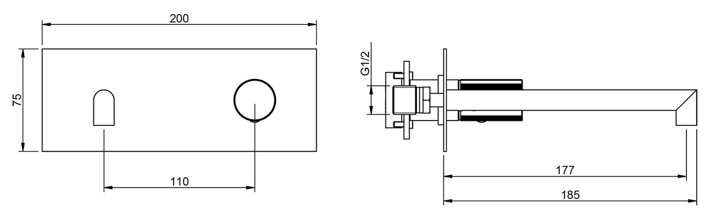 Rubinetterie Treemme 3M 28mm RWIT 3BA5 IS G1 + RWIT 51A5 ZZ 01 Miscelatore Lavabo Incasso 177 Muro 1 Manopola Zigrinata Destra 2 Fori Meccanico Moderno Lunghezza 185 mm Piastra Staffa Cartongesso Acciaio Inox Spazzolato Opaco Parte Interna Esterna Incluse