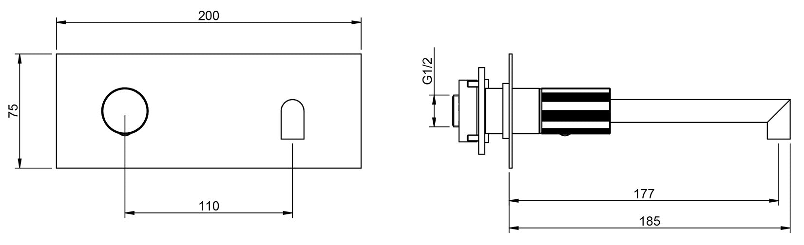 Rubinetterie Treemme 3M 28mm RWIT 3BA7 IS G1 + RWIT 51A5 ZZ 01 Rubinetto Lavabo Incasso 177 Muro 1 Manopola Zigrinata Sinistra 2 Fori Meccanico Moderno Lunghezza 185 mm Piastra Staffa Cartongesso Acciaio Inox Spazzolato Opaco Parte Interna Esterna Incluse