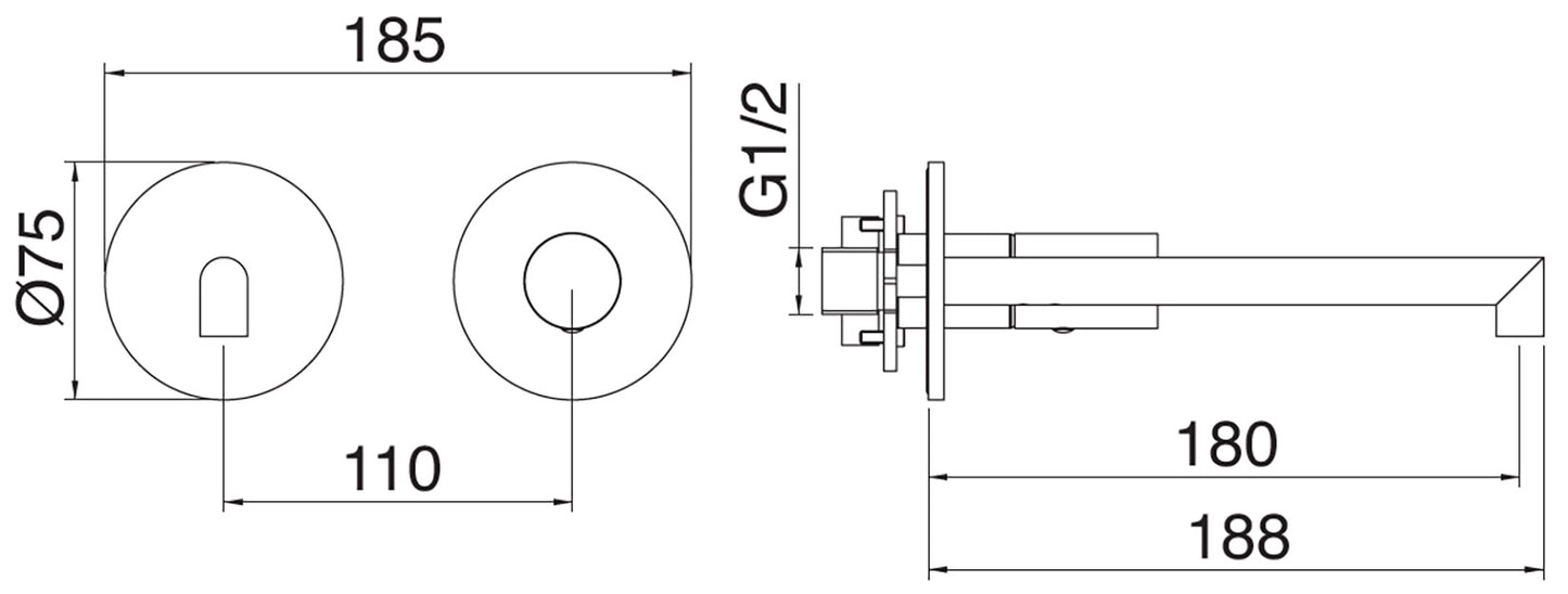 Rubinetterie Treemme 3M 28mm RWIT 3BC5 IS 01 + RWIT 51A5 ZZ 01 Miscelatore Lavabo Incasso 180 Parete 1 Manopola Liscia Destra 2 Fori Meccanico Moderno Tondo Lunghezza 188 mm Staffa Cartongesso Acciaio Inox Spazzolato Opaco Parte Interna Esterna Incluse