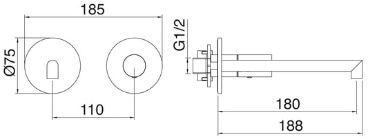 Rubinetterie Treemme 3M 28mm RWIT 3BC5 IS 01 + RWIT 51A5 ZZ 01 Miscelatore Lavabo Incasso 180 Parete 1 Manopola Liscia Destra 2 Fori Meccanico Moderno Tondo Lunghezza 188 mm Staffa Cartongesso Acciaio Inox Spazzolato Opaco Parte Interna Esterna Incluse