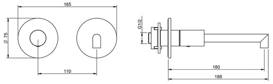 Rubinetterie Treemme 3M 28mm RWIT 3BC7 IS 01 + RWIT 51A5 ZZ 01 Miscelatore Lavabo Incasso 180 Parete 1 Manopola Liscia Sinistra 2 Fori Meccanico Moderno Tondo Lunghezza 188 mm Staffa Cartongesso Acciaio Inox Spazzolato Opaco Parte Interna Esterna Incluse