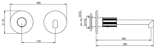 Rubinetterie Treemme 3M 28mm RWIT 3BC7 IS G1 + RWIT 51A5 ZZ 01 Miscelatore Lavabo Incasso 180 Muro 1 Manopola Zigrinata Sinistra 2 Fori Meccanico Moderno Tondo Lunghezza 188 mm Staffa Cartongesso Acciaio Inox Spazzolato Opaco Parte Interna Esterna Incluse