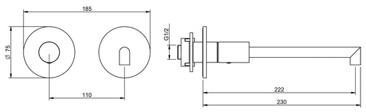 Rubinetterie Treemme 3M 28mm RWIT 3BC9 IS 01 + RWIT 51A5 ZZ 01 Miscelatore Lavabo Incasso 222 Parete 1 Manopola Liscia Sinistra 2 Fori Meccanico Moderno Tondo Lunghezza 230 mm Staffa Cartongesso Acciaio Inox Spazzolato Opaco Parte Interna Esterna Incluse