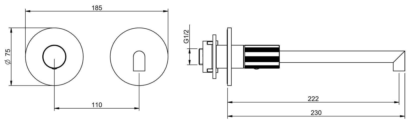 Rubinetterie Treemme 3M 28mm RWIT 3BC9 IS G1 + RWIT 51A5 ZZ 01 Miscelatore Lavabo Incasso 222 Muro 1 Manopola Zigrinata Sinistra 2 Fori Meccanico Moderno Tondo Lunghezza 230 mm Staffa Cartongesso Acciaio Inox Spazzolato Opaco Parte Interna Esterna Incluse
