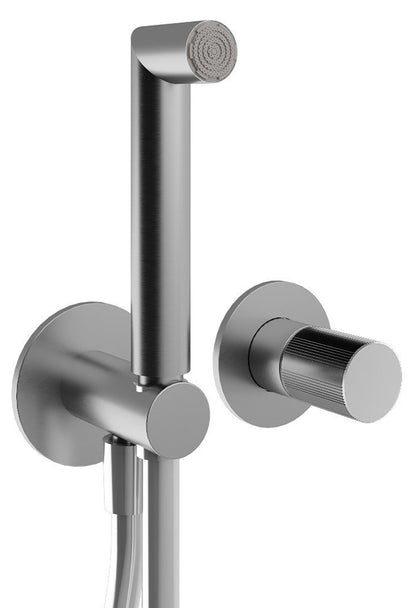 Rubinetterie Treemme 3M 28mm RWIT 3BD4 IS G1 + RWIT 51A5 ZZ 01 Miscelatore Doccia Incasso Meccanico Parete 2 Fori 1 Manopola Zigrinata 1 Via Moderno Staffa Cartongesso Acciaio Inox Spazzolato Opaco Doccetta Metallo Flex PVC Parte Interna Esterna Incluse