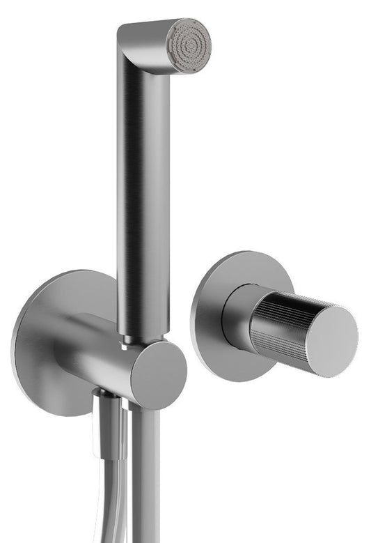 Rubinetterie Treemme 3M 28mm RWIT 3BD4 IS G1 + RWIT 51A5 ZZ 01 Miscelatore Doccia Incasso Meccanico Parete 2 Fori 1 Manopola Zigrinata 1 Via Moderno Staffa Cartongesso Acciaio Inox Spazzolato Opaco Doccetta Metallo Flex PVC Parte Interna Esterna Incluse