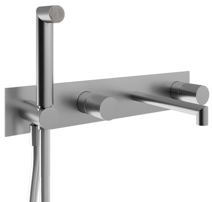 Rubinetterie Treemme 3M 28mm RWIT 3BD7 IS 01 + RWIT 51D7 ZZ 12 Miscelatore Vasca / Doccia Incasso Parete Meccanico 4 Fori 2 Manopole Lisce Piastra Staffa Cartongesso Moderno Acciaio Inox Doccetta Metallo Flessibile PVC Parte Interna Esterna Incluse