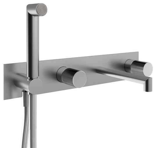 Rubinetterie Treemme 3M 28mm RWIT 3BD7 IS G1 + RWIT 51D7 ZZ 12 Miscelatore Vasca / Doccia Incasso Parete Meccanico 4 Fori 2 Manopole Zigrinate Piastra Staffa Cartongesso Moderno Acciaio Inox Doccetta Metallo Flessibile PVC Parte Interna Esterna Incluse