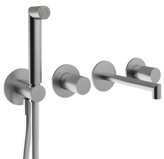 Rubinetterie Treemme 3M 28mm RWIT 3BD8 IS 01 + RWIT 51D7 ZZ 12 Miscelatore Vasca / Doccia Incasso Muro Meccanico 4 Fori 2 Manopole Lisce Staffa Cartongesso Moderno Acciaio Inox Spazzolato Opaco Doccetta Metallo Flessibile PVC Parte Interna Esterna Incluse