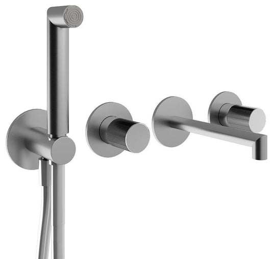 Rubinetterie Treemme 3M 28mm RWIT 3BD8 IS G1 + RWIT 51D7 ZZ 12 Miscelatore Vasca / Doccia Incasso Muro Meccanico 4 Fori 2 Leve Zigrinate Staffa Cartongesso Moderno Acciaio Inox Spazzolato Opaco Doccetta Metallo Flessibile PVC Parte Interna Esterna Incluse