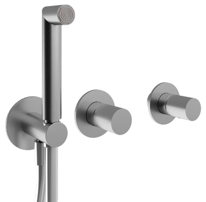 Rubinetterie Treemme 3M 28mm RWIT 3BD9 IS 01 + RWIT 51D9 ZZ 01 Miscelatore Vasca / Doccia Incasso Muro Meccanico 3 Fori 2 Manopole Lisce Staffa Cartongesso Moderno Acciaio Inox Spazzolato Opaco Doccetta Metallo Flessibile PVC Parte Interna Esterna Incluse